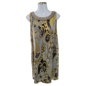ECI New York Silk Dress 10 Gold Black Paisley Sleeveless Cocktail Pearl Neckline